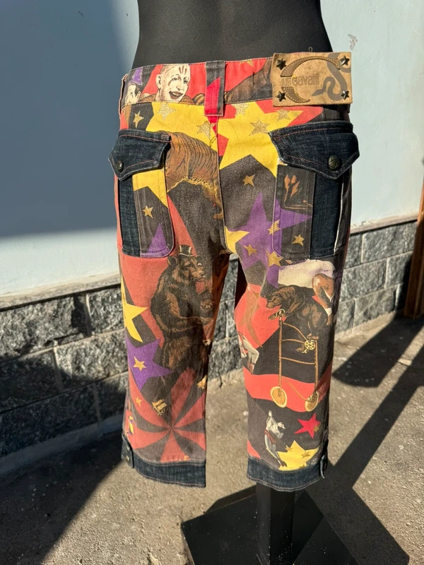 Jeans Roberto Cavalli Capri stampa circo giocoliere anni 2000