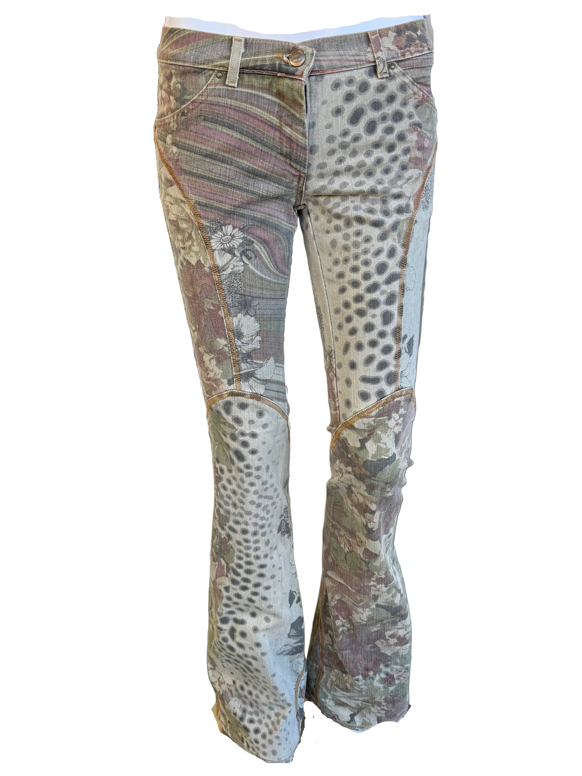 Jeans Roberto Cavalli fiori e leopardo zampa 2000s