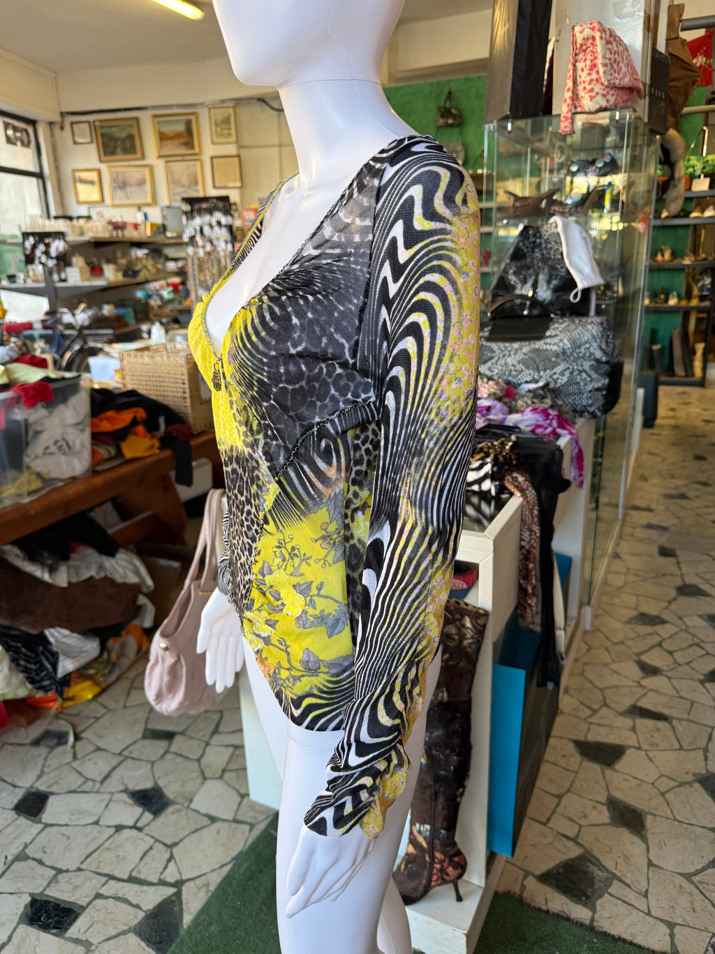 Top Roberto Cavalli Class patchwork fiori, leopardo e zebra
