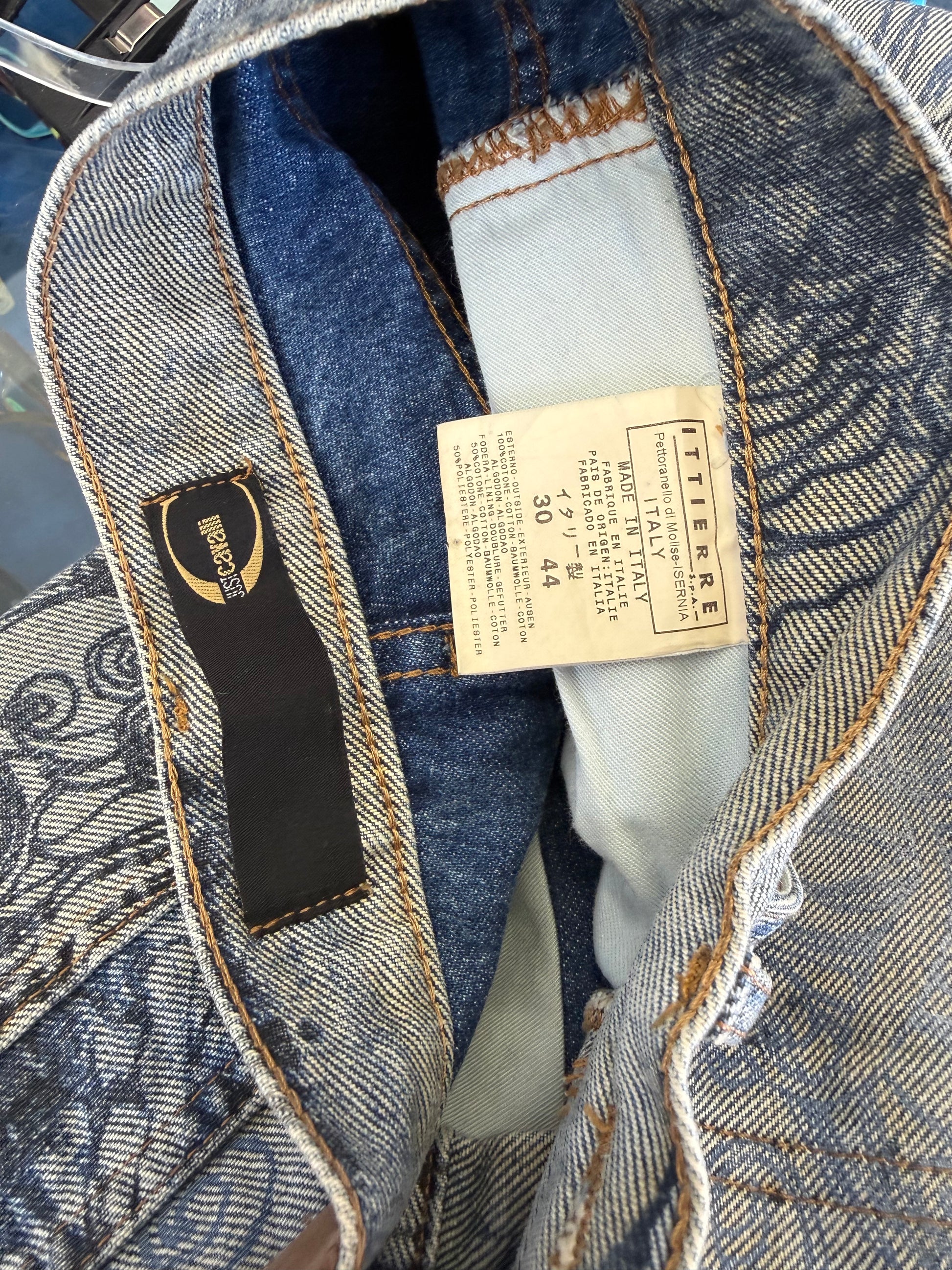 Jeans Roberto Cavalli  fiori blu sabbiati 00s