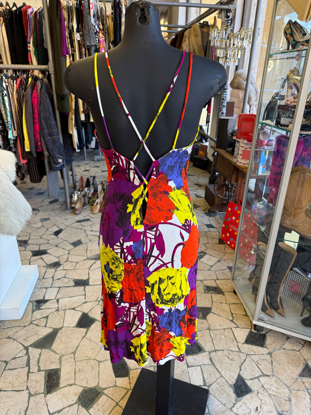 Abito Gianni Versace SS2002 stampa fiori multicolore