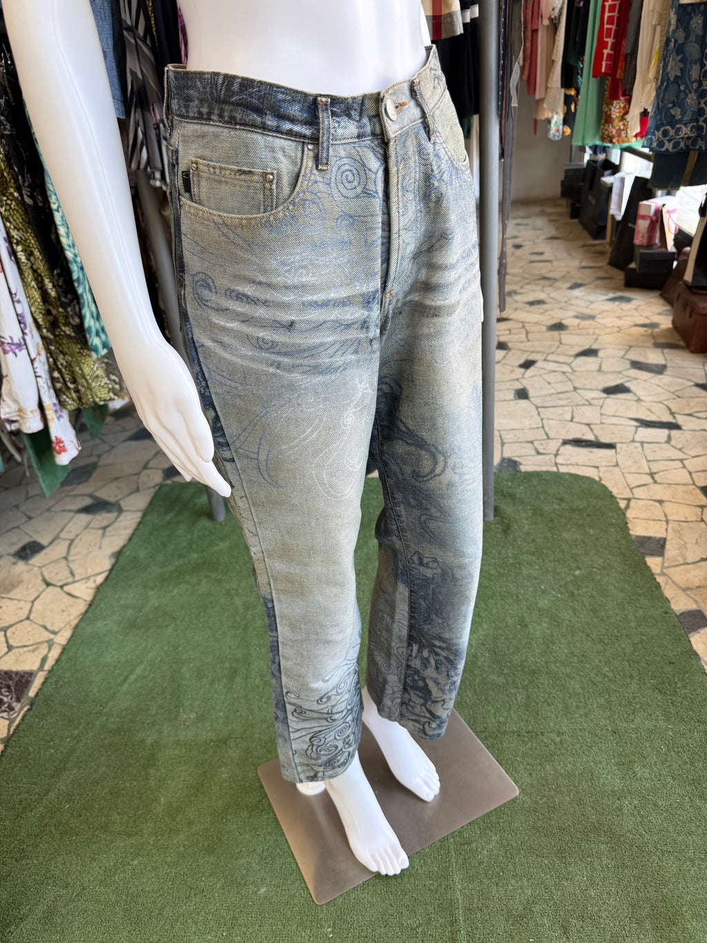 Jeans Roberto Cavalli  fiori blu sabbiati 00s