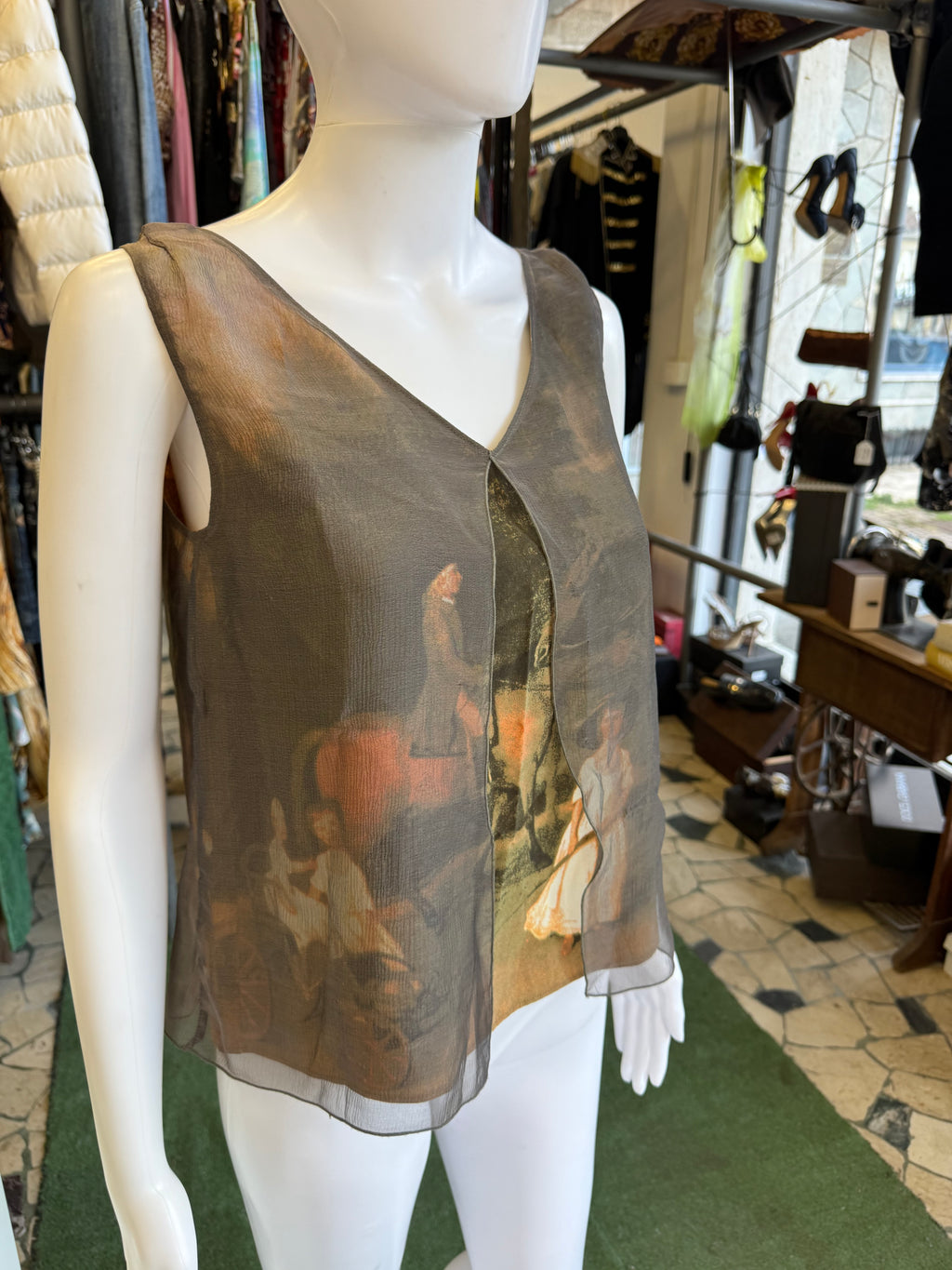 Top Valentino Garavani Vzone quadro rinascimentale in 100% organza di seta primi anni 90