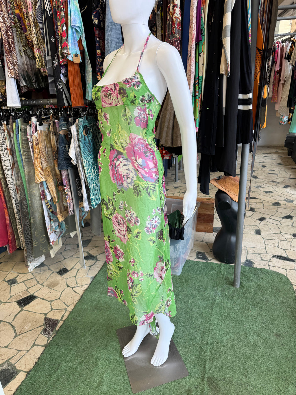 Abito Dolce & Gabbana seta stampata fiori su verde 00s