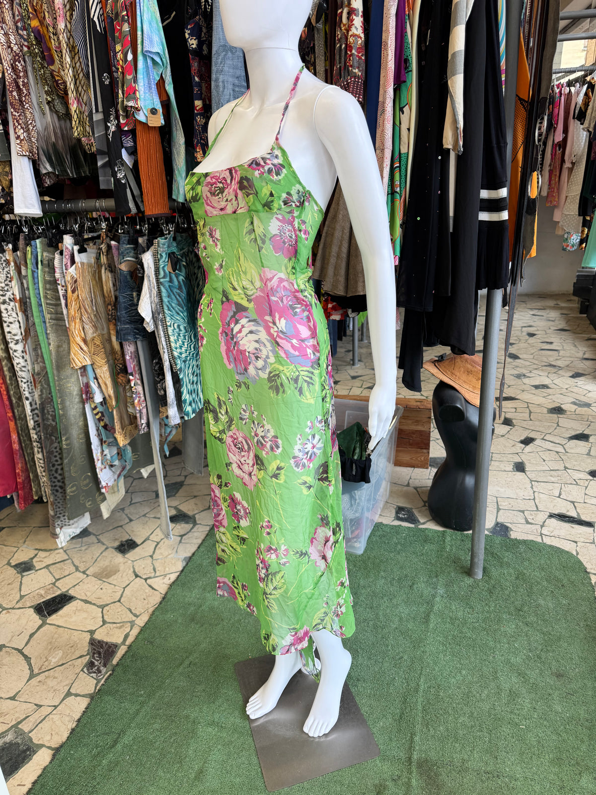 Abito Dolce & Gabbana seta stampata fiori su verde 00s