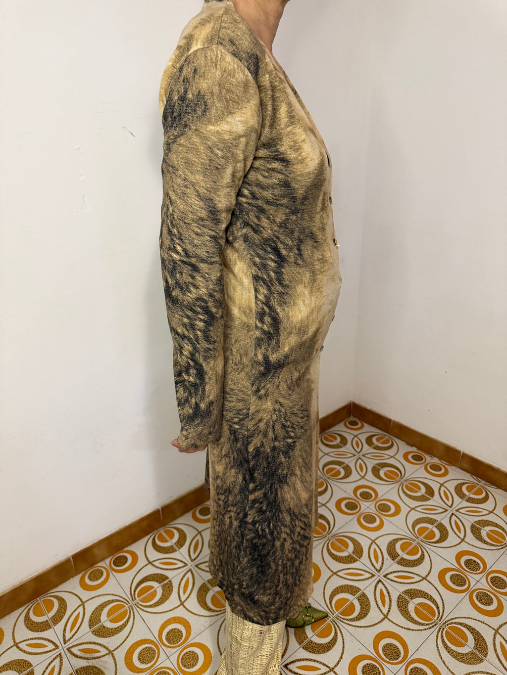 Cardigan lungo Roberto Cavalli stampa pelliccia lupo FW1999