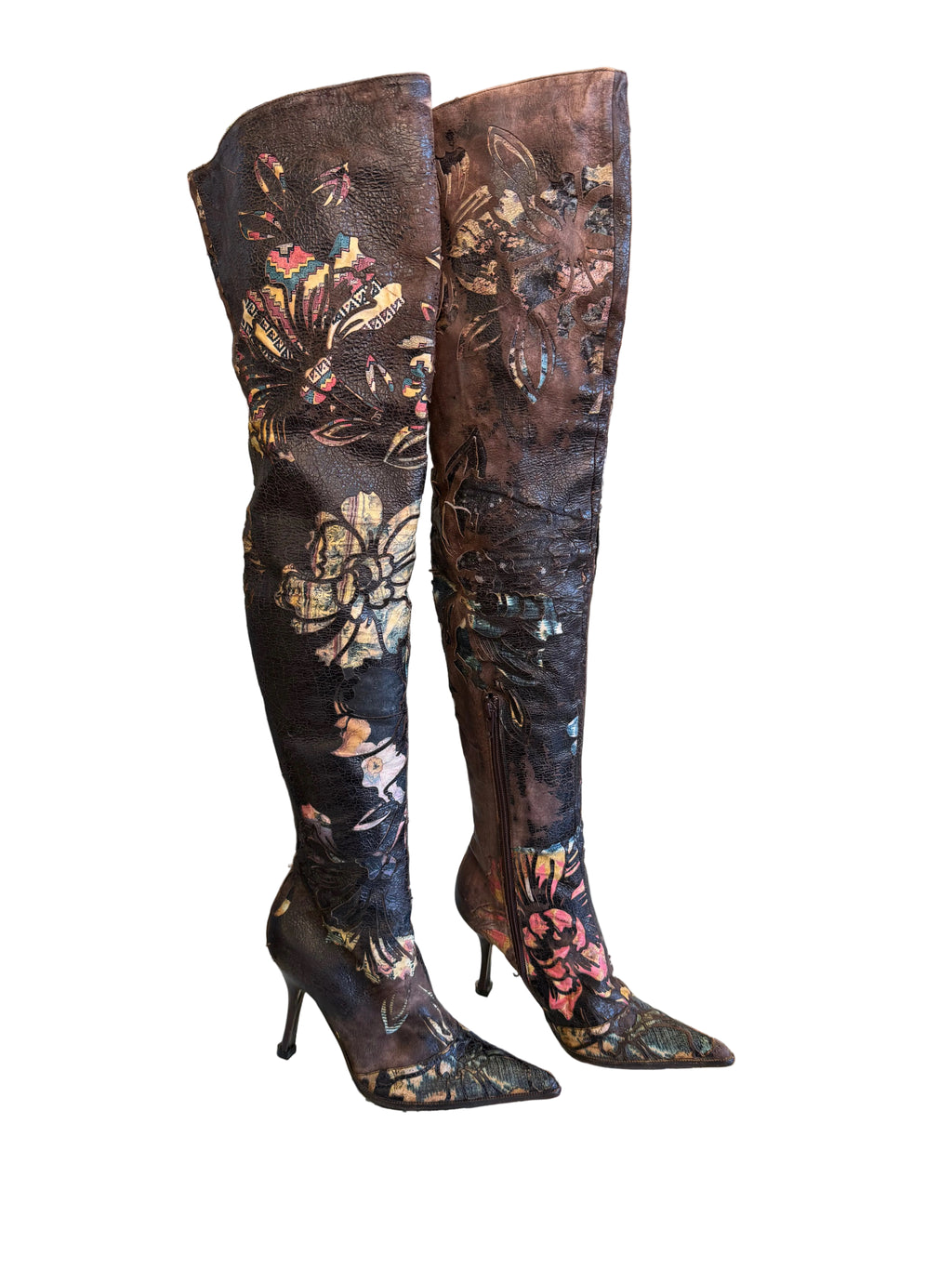 Iconici stivali Roberto Cavalli SS2002 pelle laserata e seta patchwork nuovi
