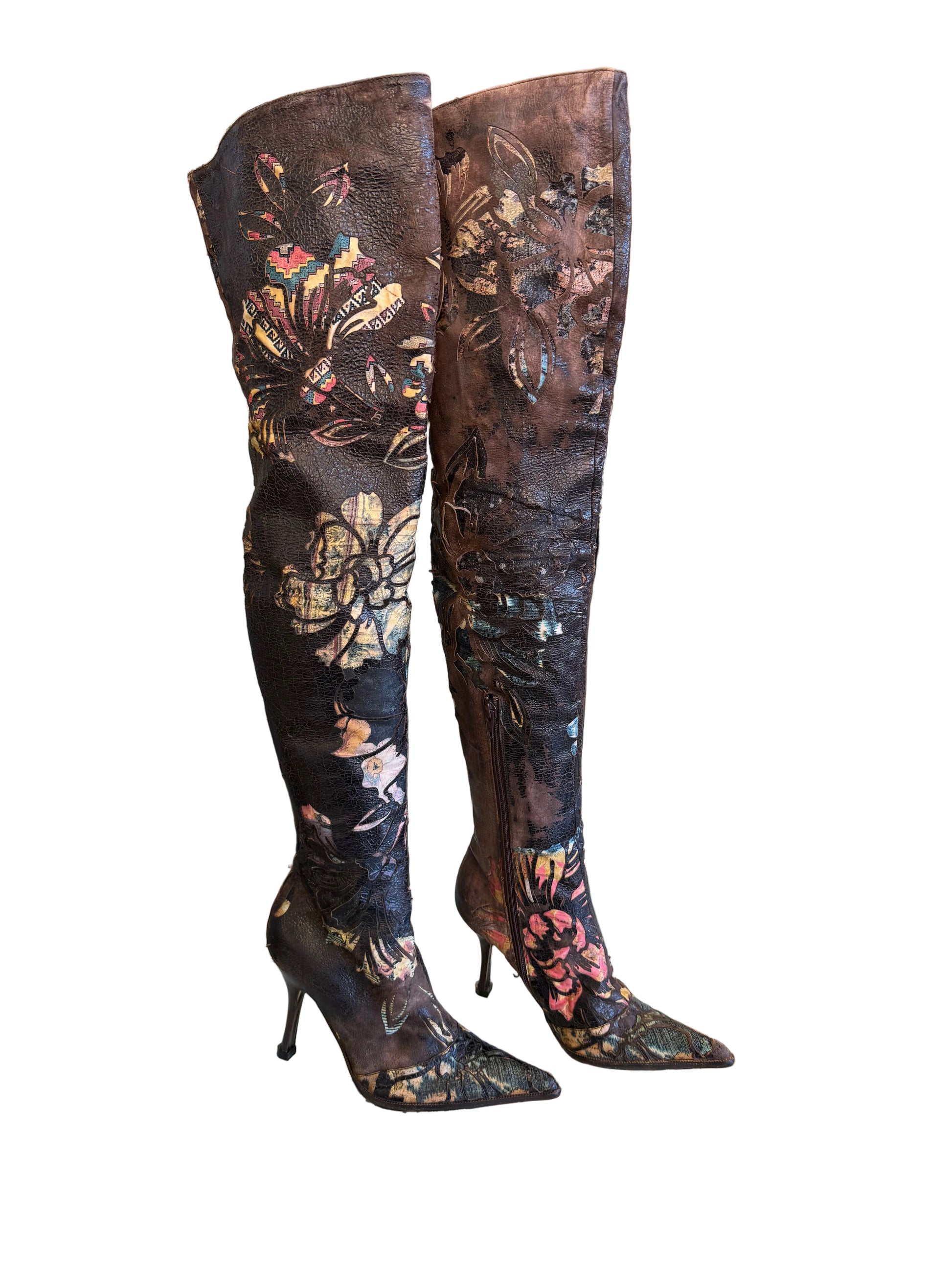 Iconici stivali Roberto Cavalli SS2002 pelle laserata e seta patchwork nuovi