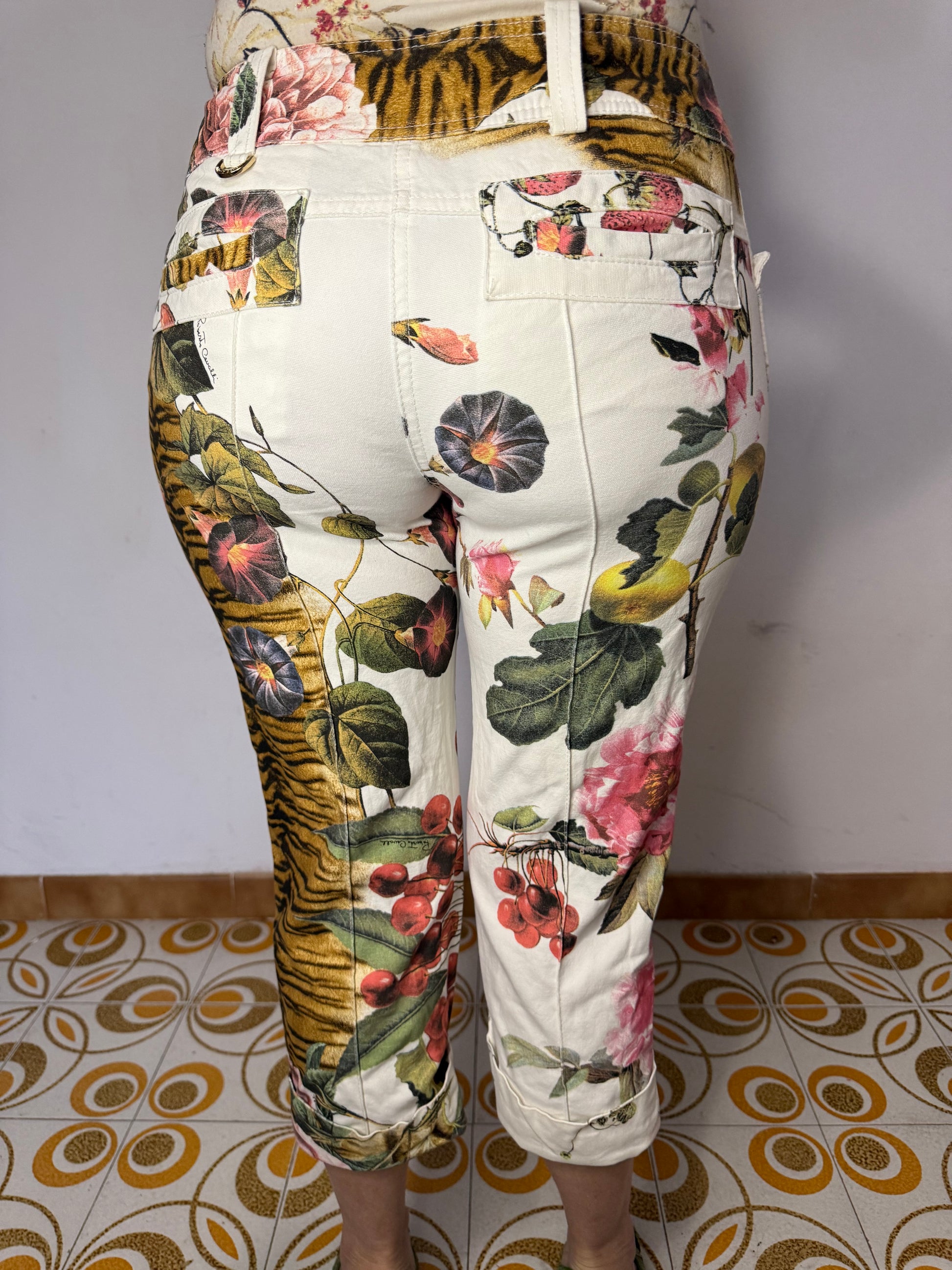Jeans pinocchietto Roberto Cavalli SS2005 tigre e fiori