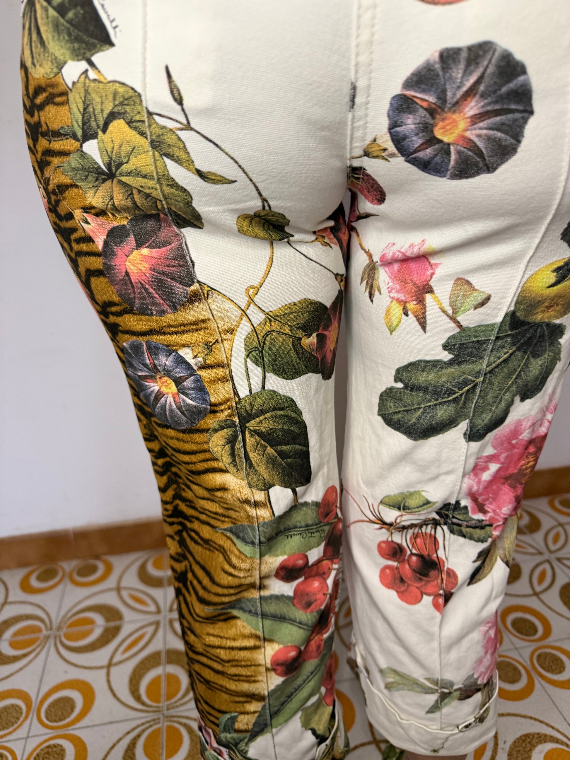 Jeans pinocchietto Roberto Cavalli SS2005 tigre e fiori