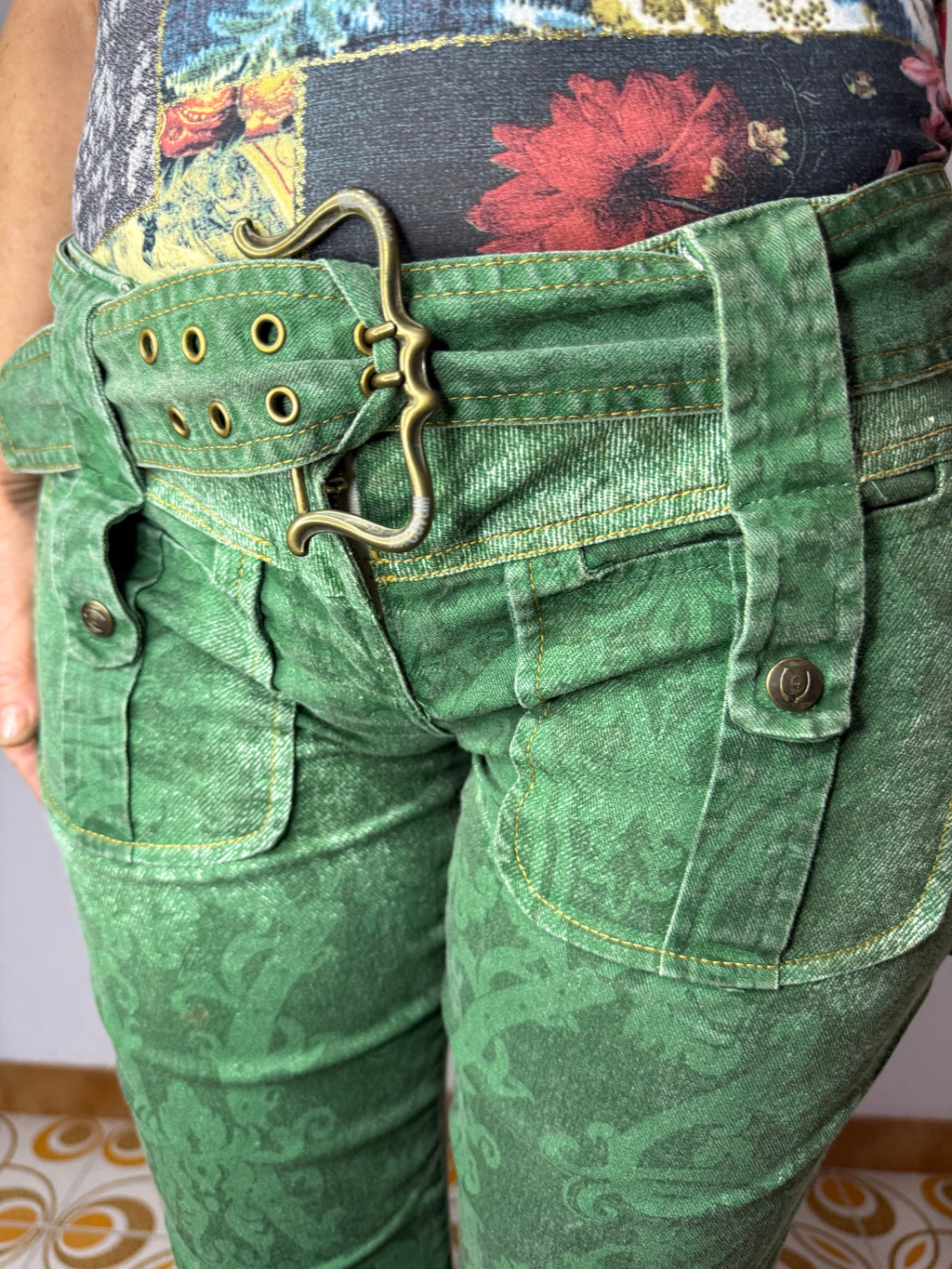 Jeans verde stampa barocco Roberto Cavalli Just 2000”