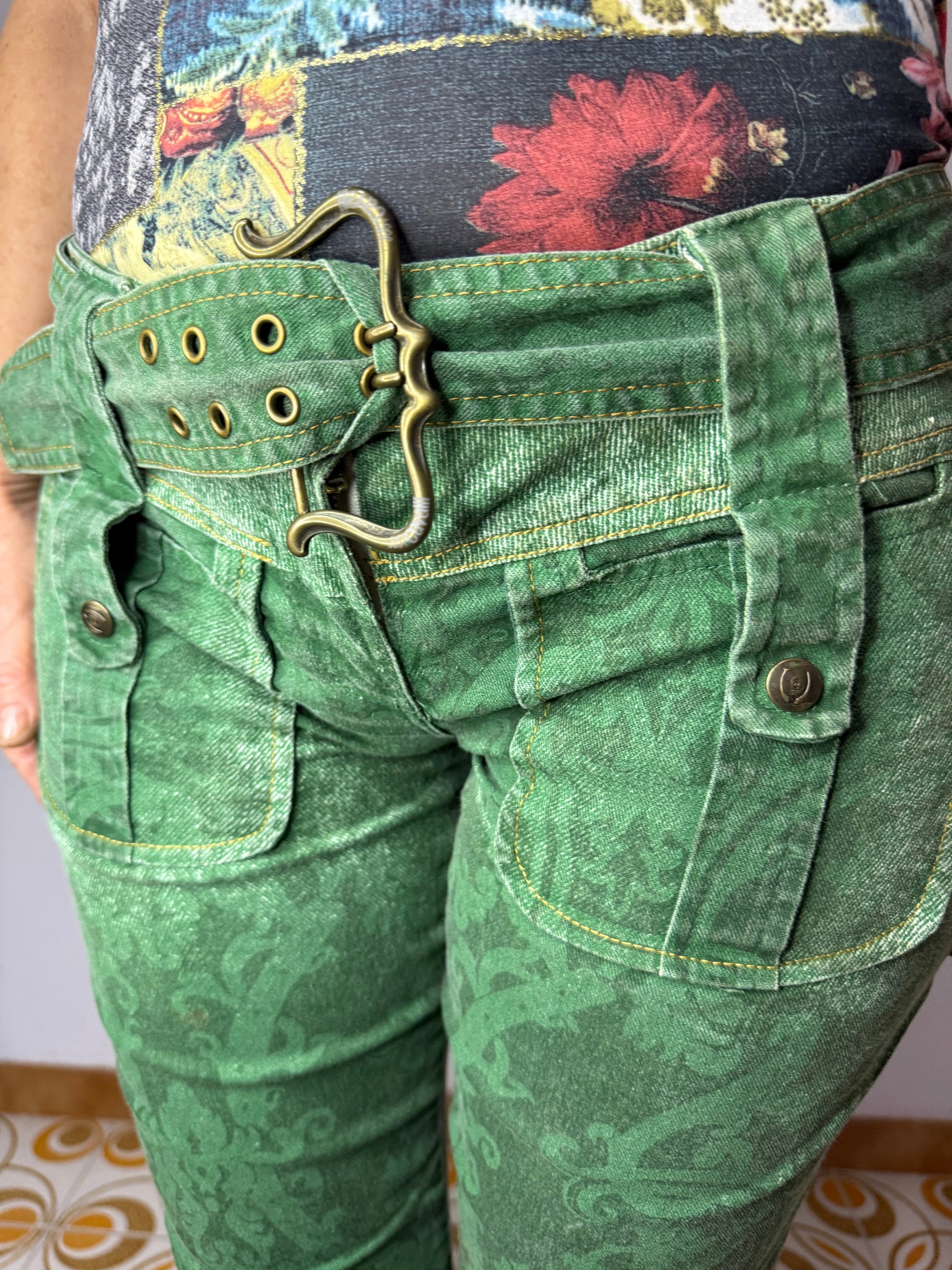 Jeans verde stampa barocco Roberto Cavalli Just 2000”