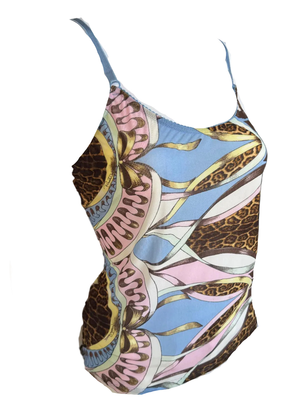 Top Roberto Cavalli SS2004 patchwork animalier azzurro