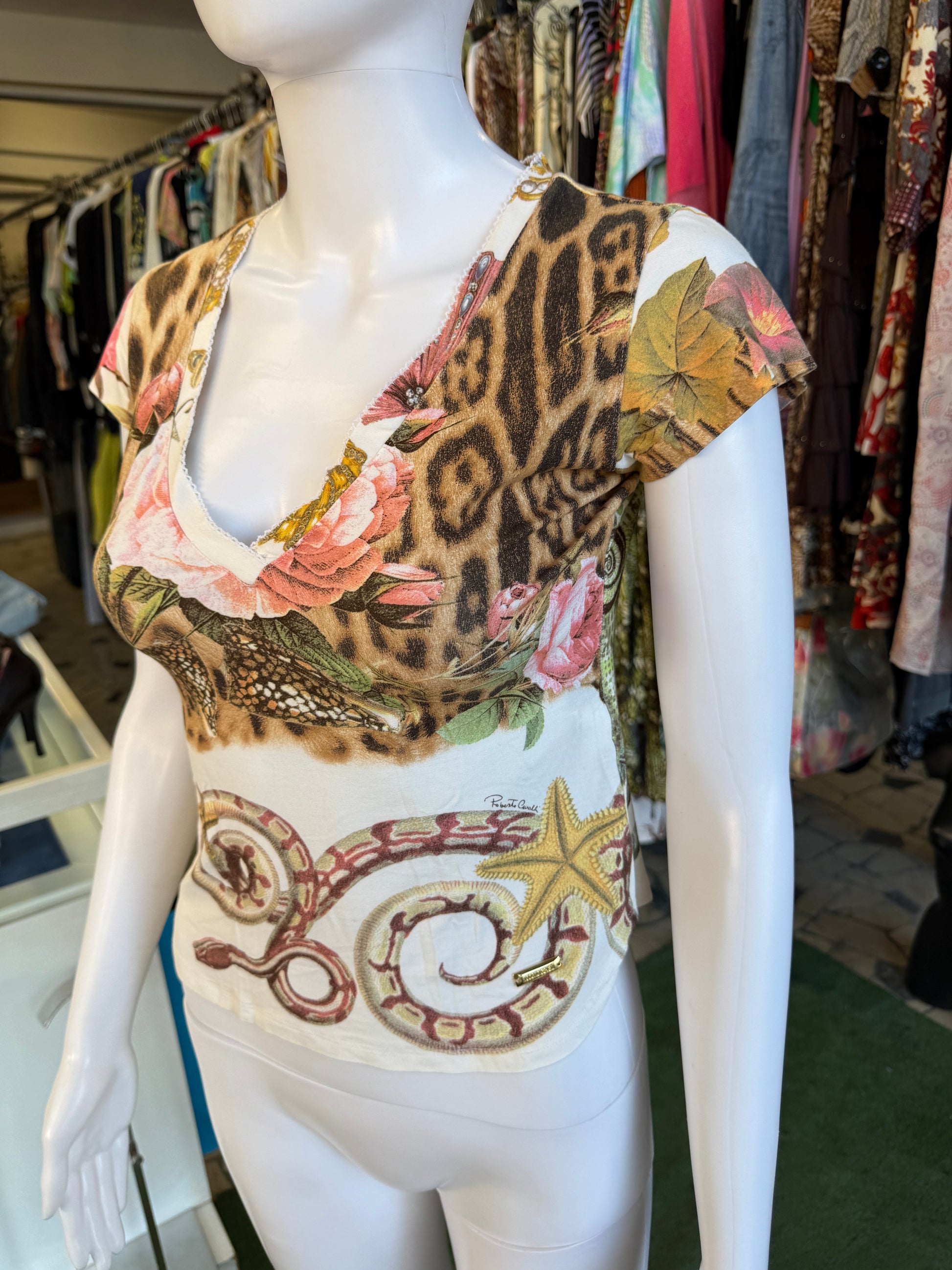 Top Roberto Cavalli SS2005 serpenti, leopardo e mare