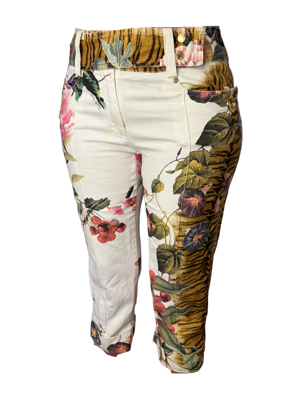 Jeans pinocchietto Roberto Cavalli SS2005 tigre e fiori