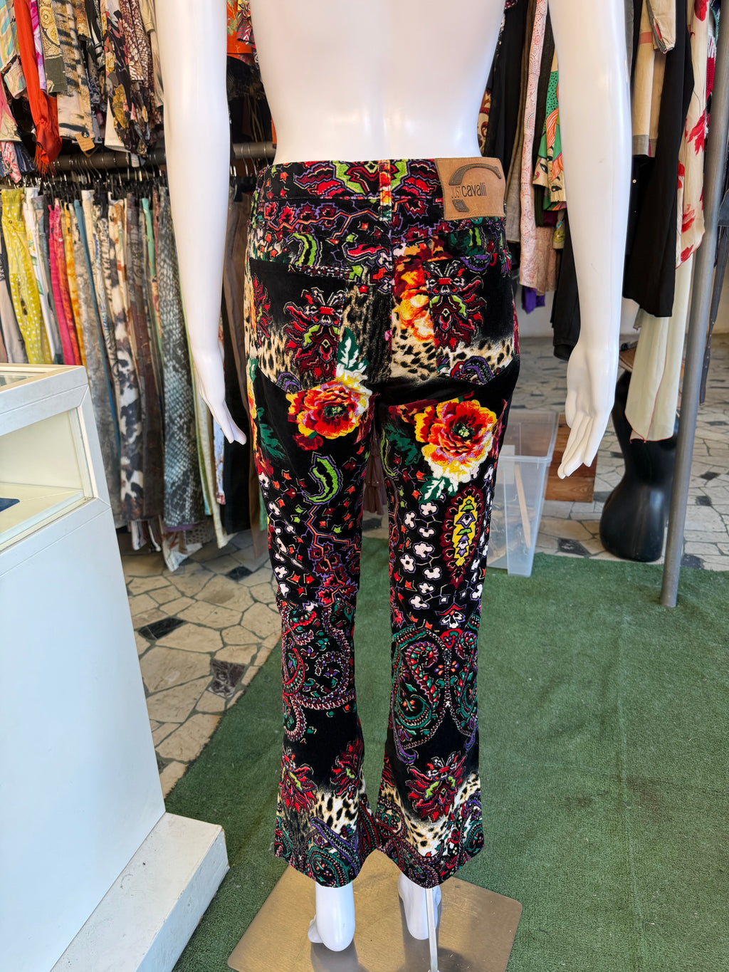 Pantalone velluto Roberto Cavalli fiori, animalier e astratto 00s