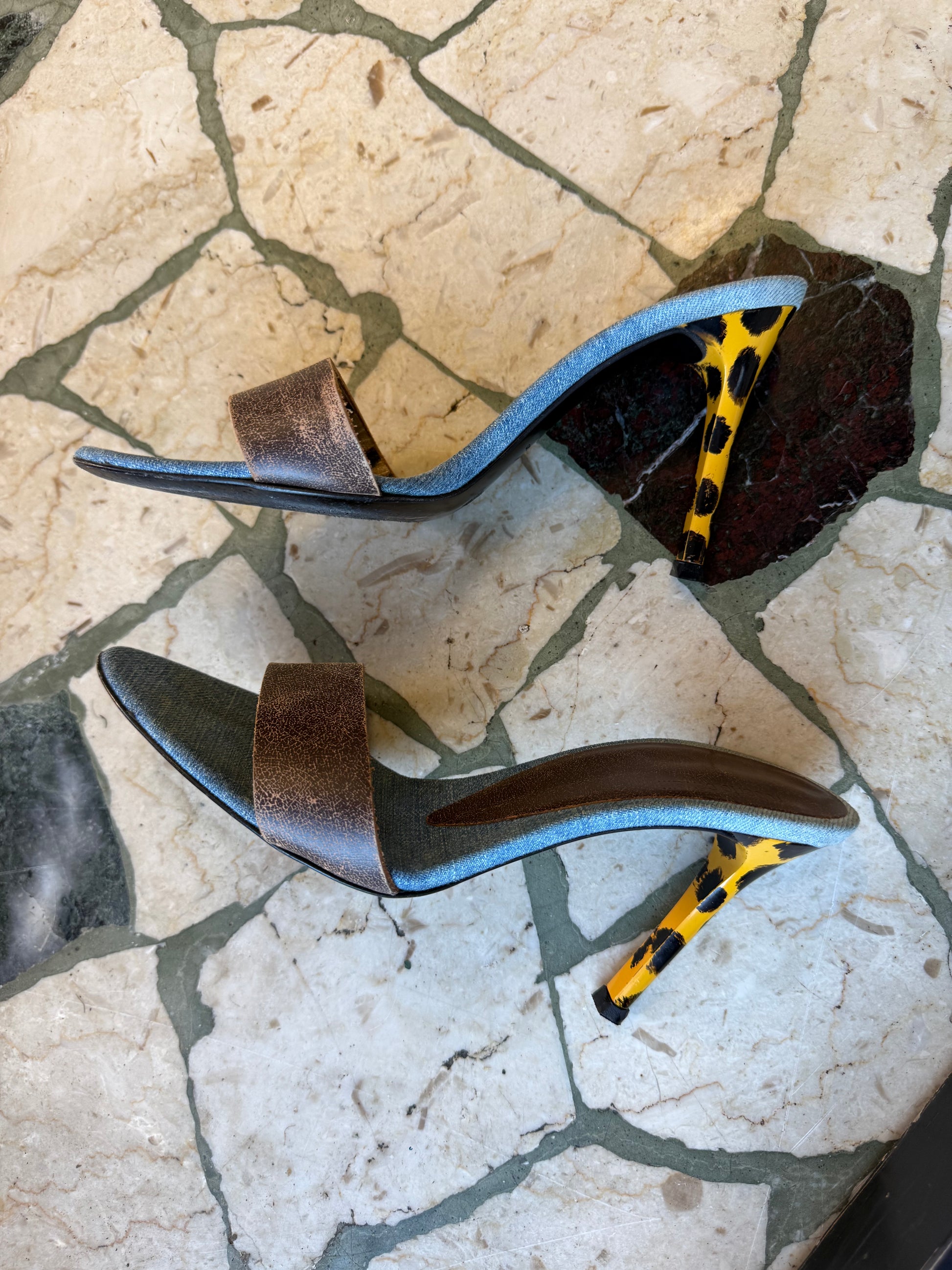 Sandali Roberto Cavalli denim pelle e leopardo 2000”