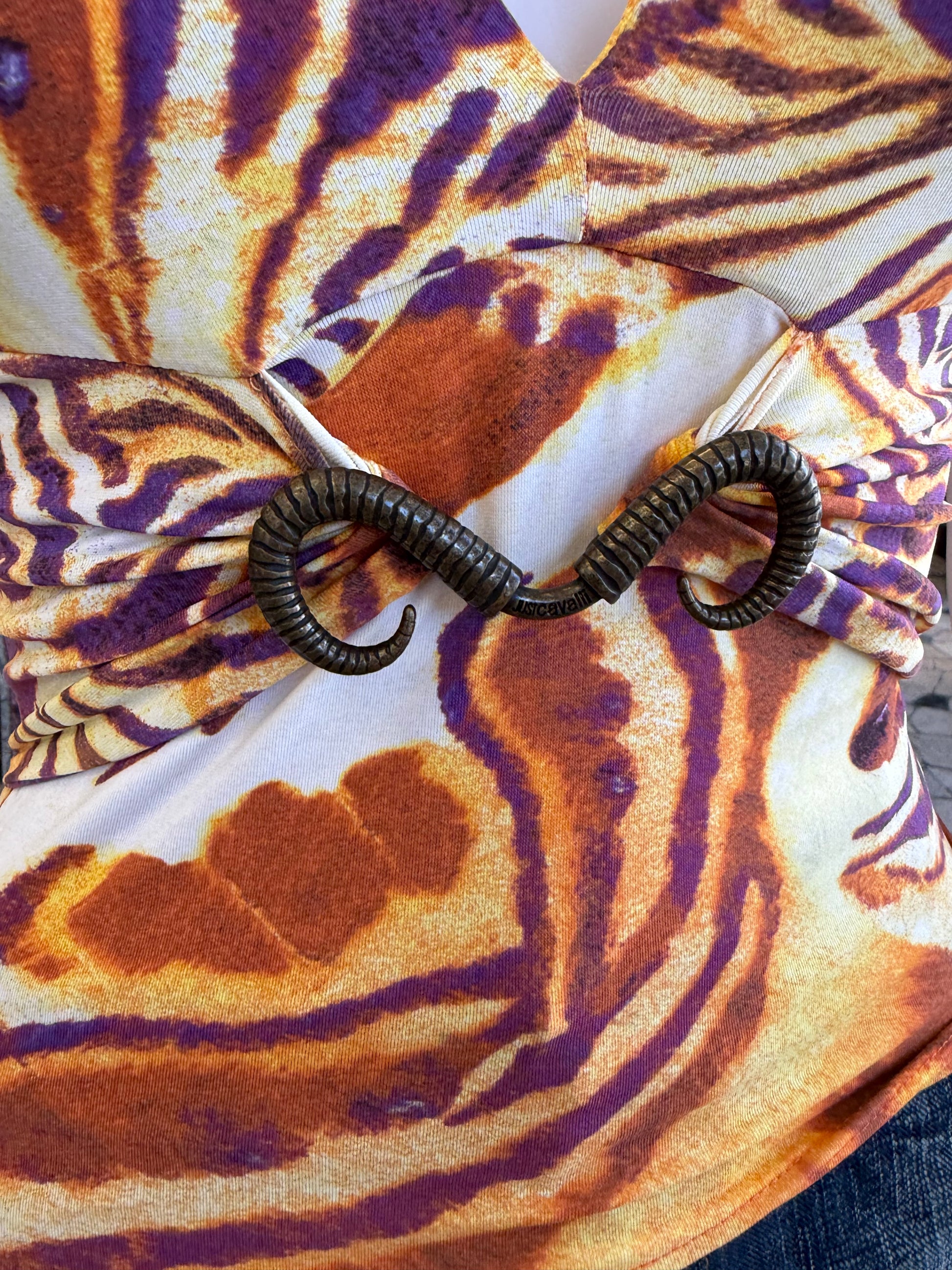 Top Roberto Cavalli tigre arancione con dettaglio corna 00s