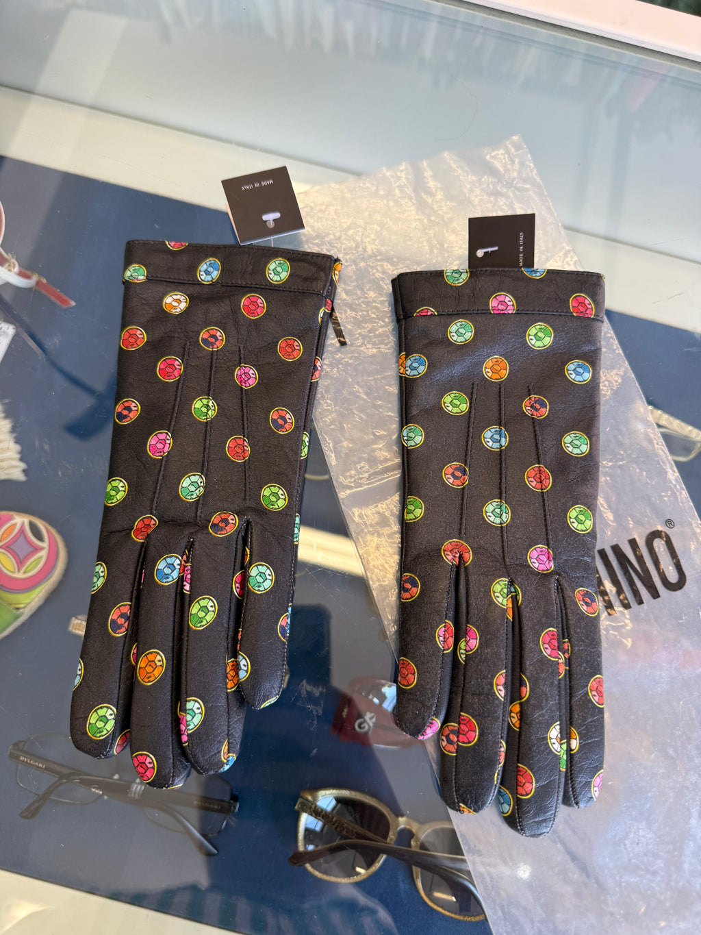 Guanti Moschino in pelle stampa gemme nuovi 00s