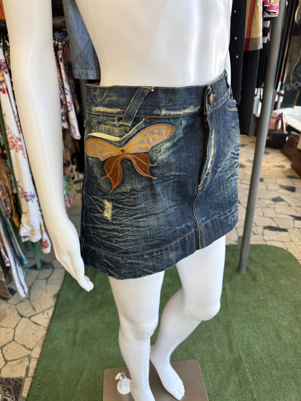 Mini gonna Roberto Cavalli pelle e denim Y2K 00s