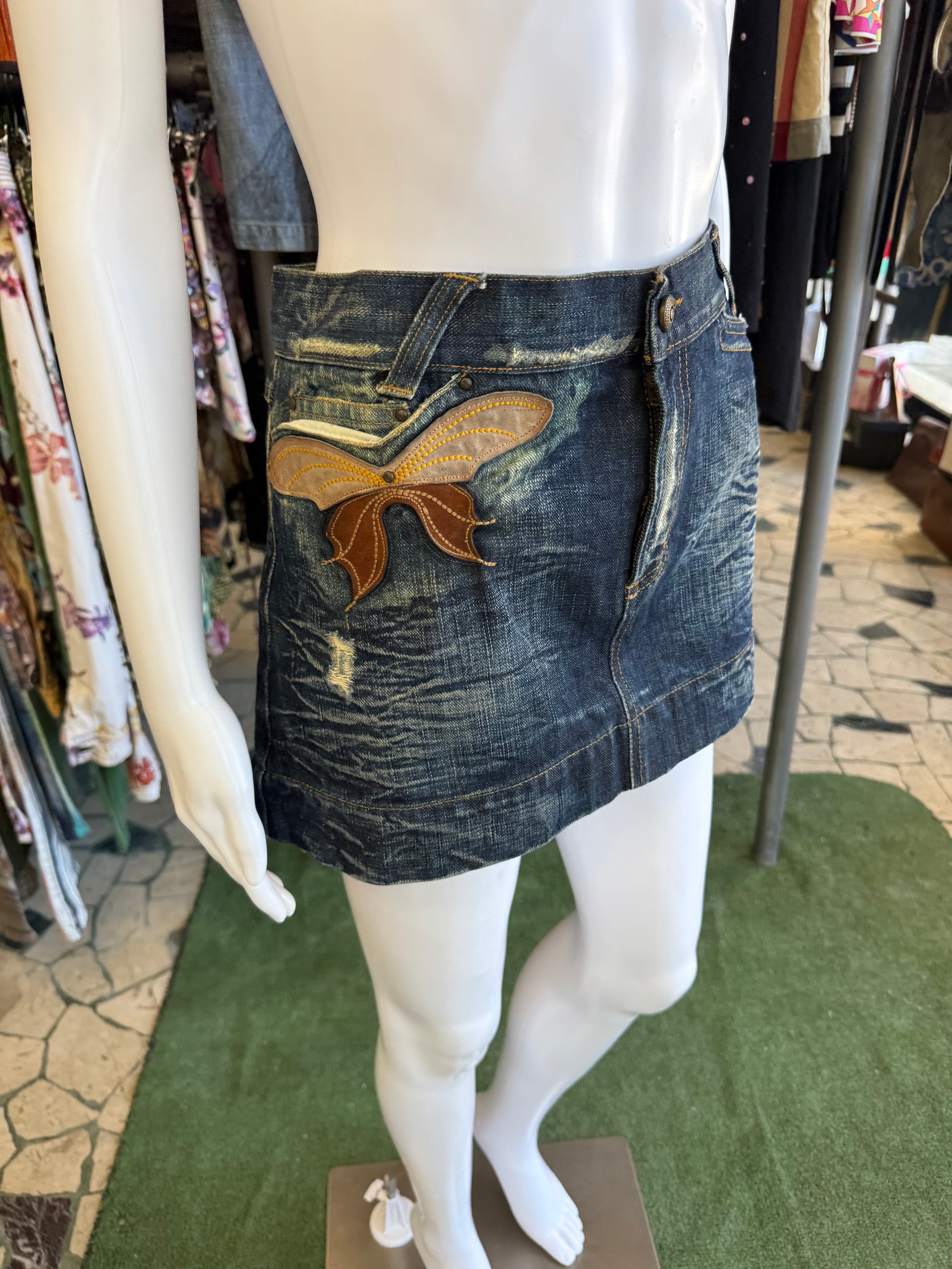 Mini gonna Roberto Cavalli pelle e denim Y2K 00s