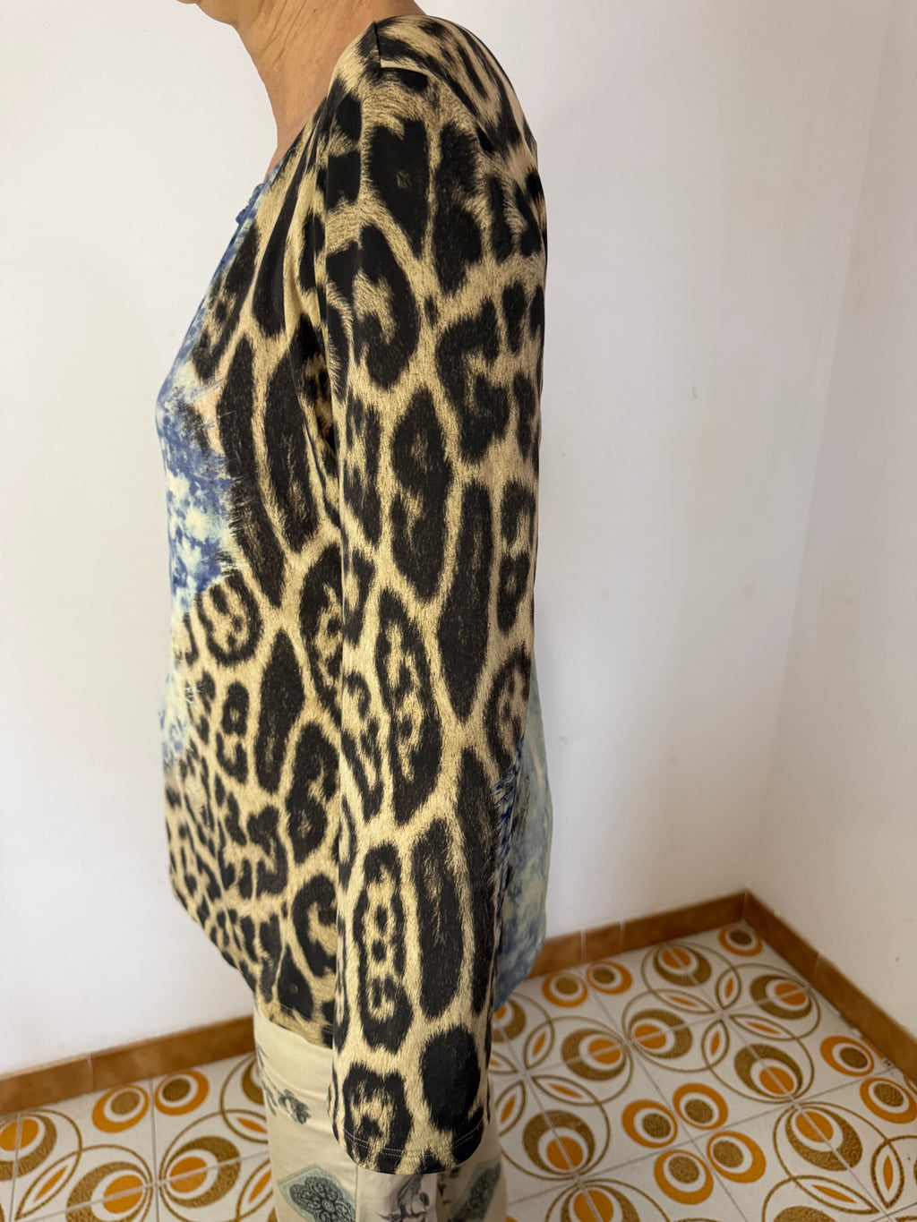 Top manica lunga leopardo e oceano Roberto Cavalli FW2001