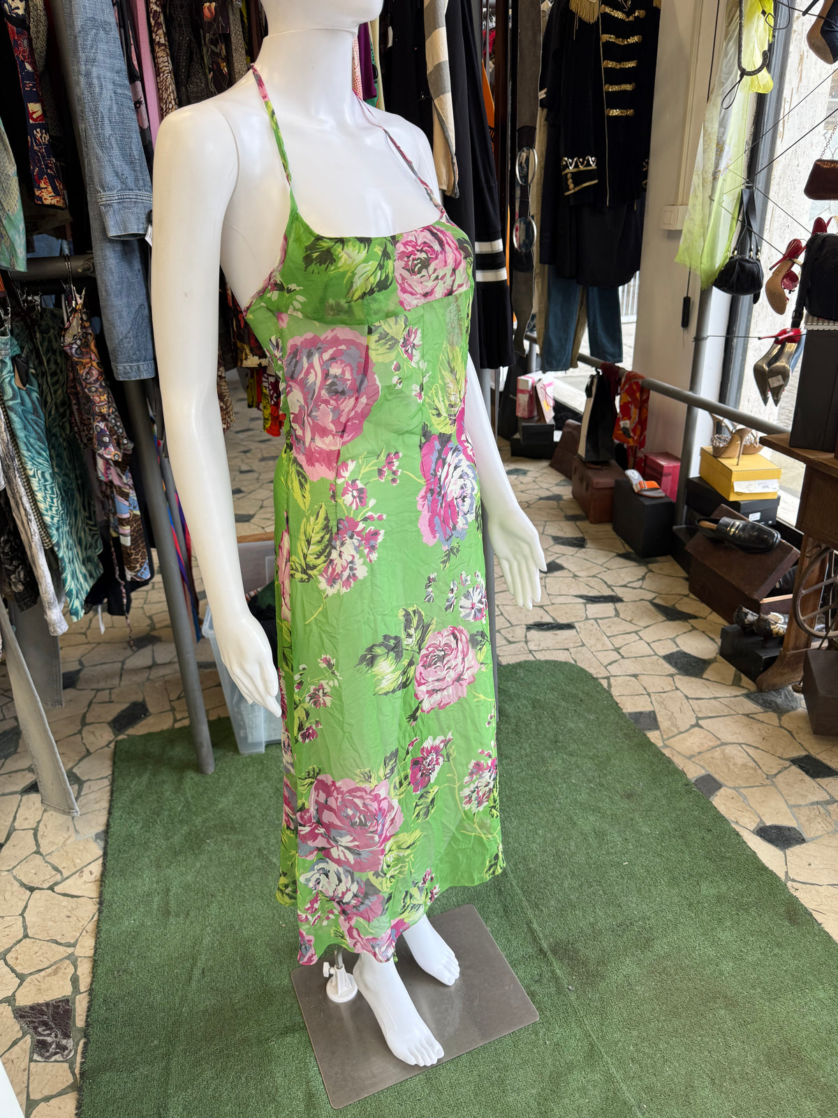 Abito Dolce & Gabbana seta stampata fiori su verde 00s