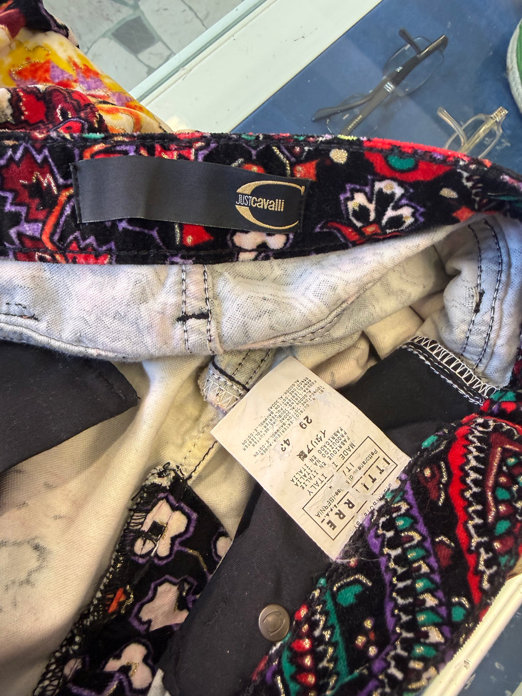 Pantalone velluto Roberto Cavalli fiori, animalier e astratto 00s