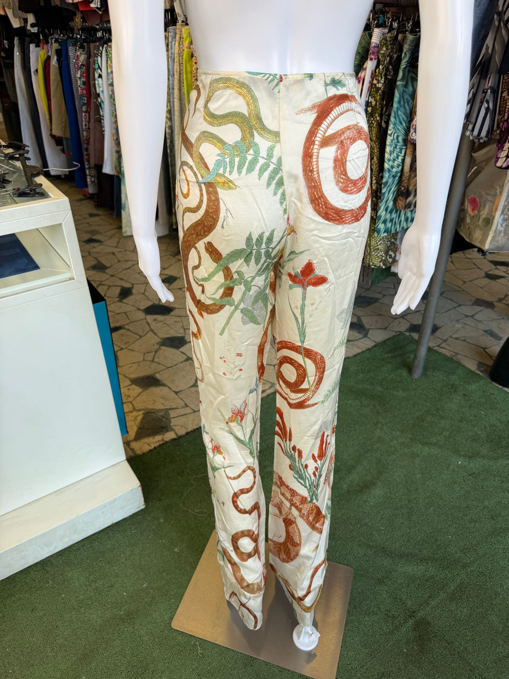 Pantalone Roberto Cavalli seta serpenti e foresta 00s
