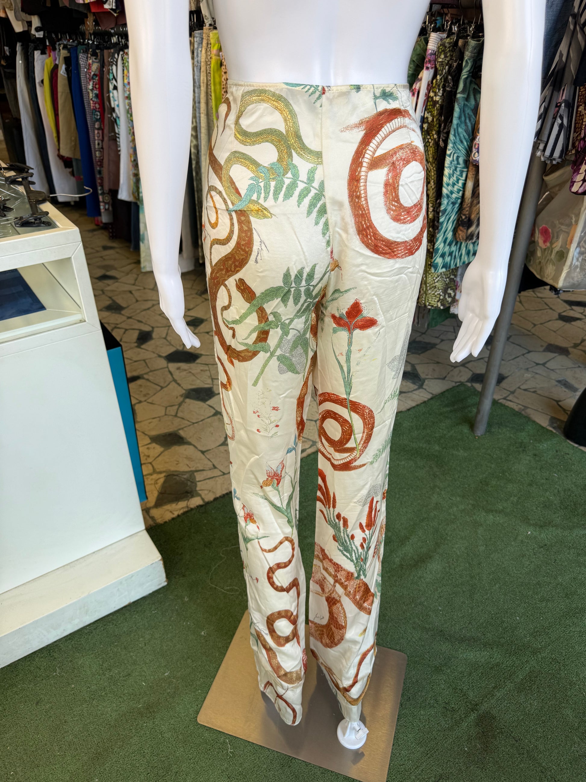 Pantalone Roberto Cavalli seta serpenti e foresta 00s