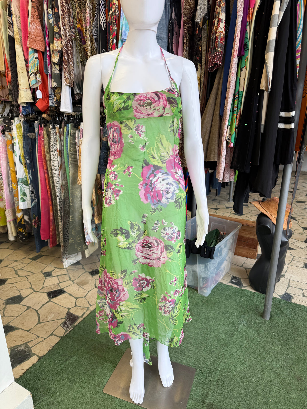 Abito Dolce & Gabbana seta stampata fiori su verde 00s