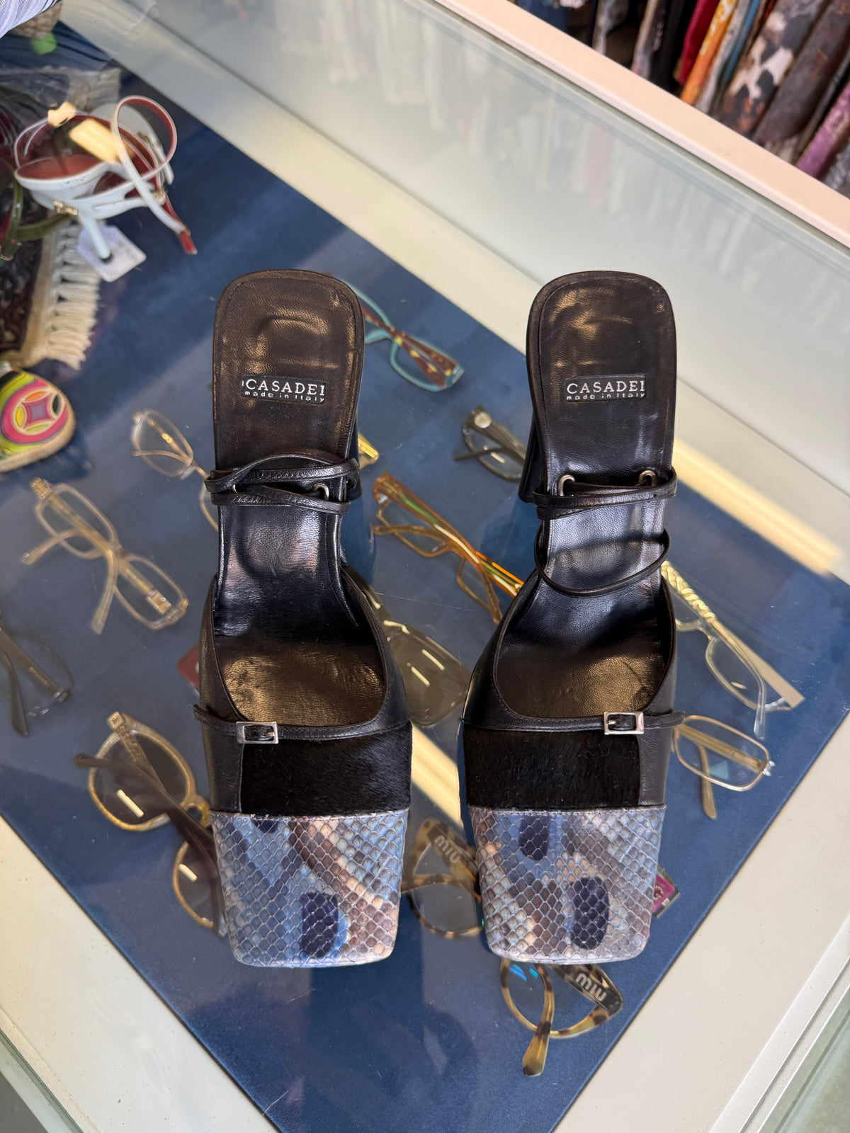 Sandali con tacco Casadei pitone e cavallino 90s nuove