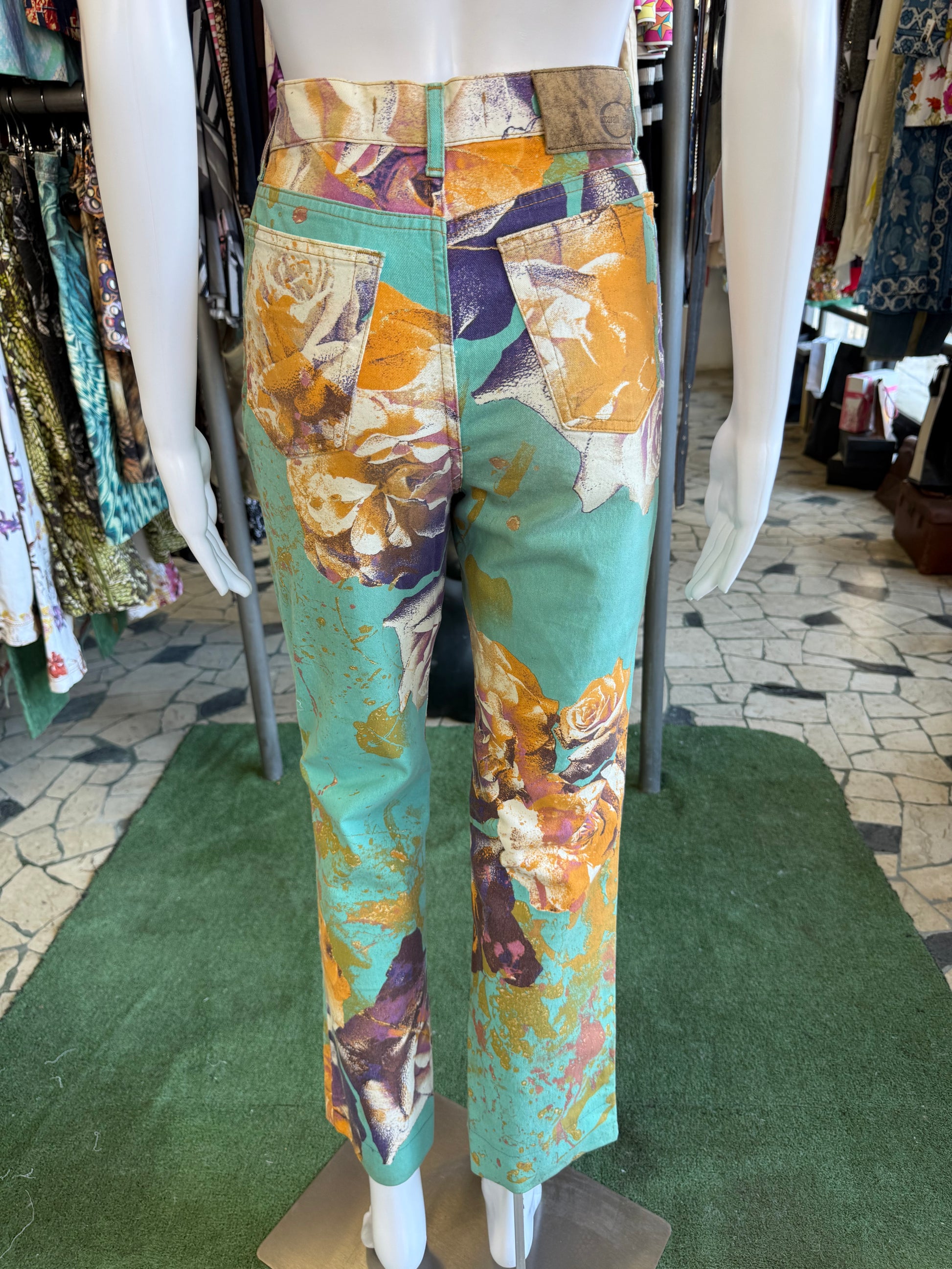 Jeans Roberto Cavalli rose e fiori su azzurro 00s