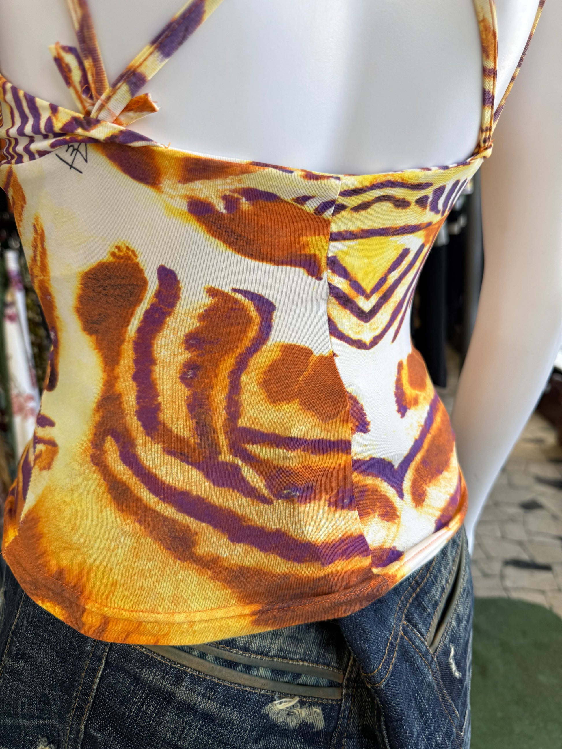 Top Roberto Cavalli tigre arancione con dettaglio corna 00s