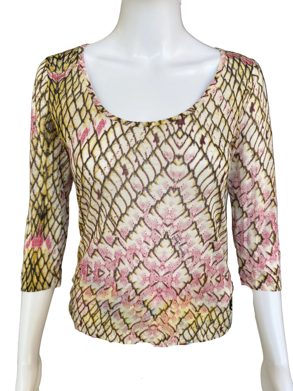 Top leggero Roberto Cavalli squame gialle e rosa 00s