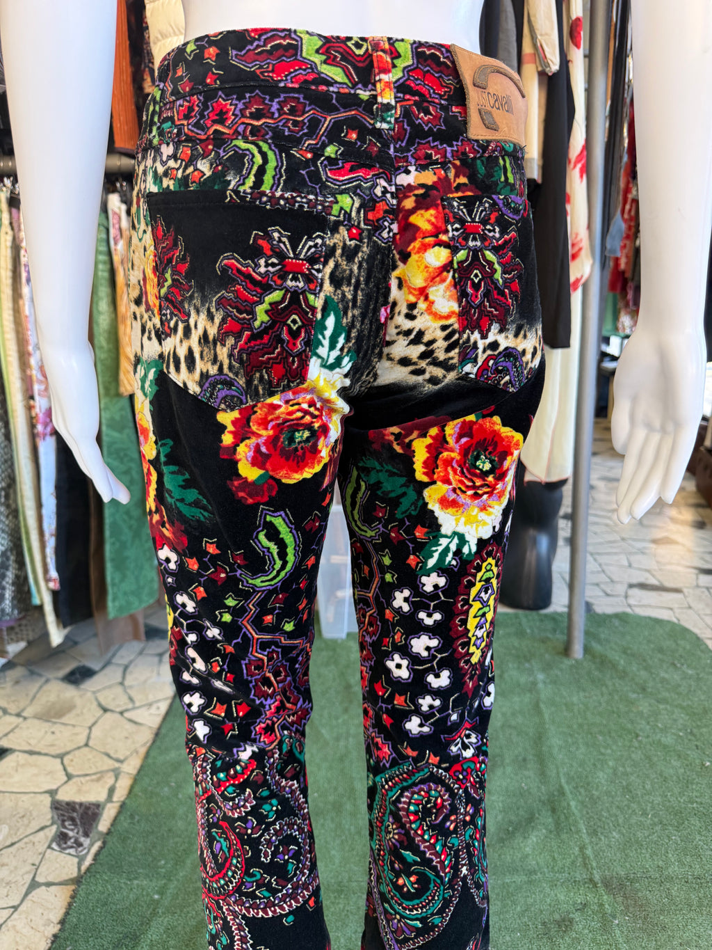 Pantalone velluto Roberto Cavalli fiori, animalier e astratto 00s