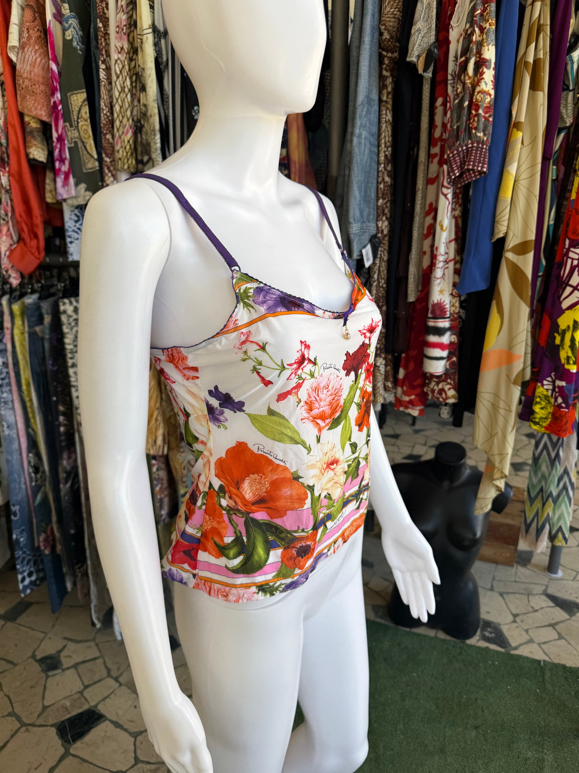 Top Roberto Cavalli SS2005 fiori e geometrie.