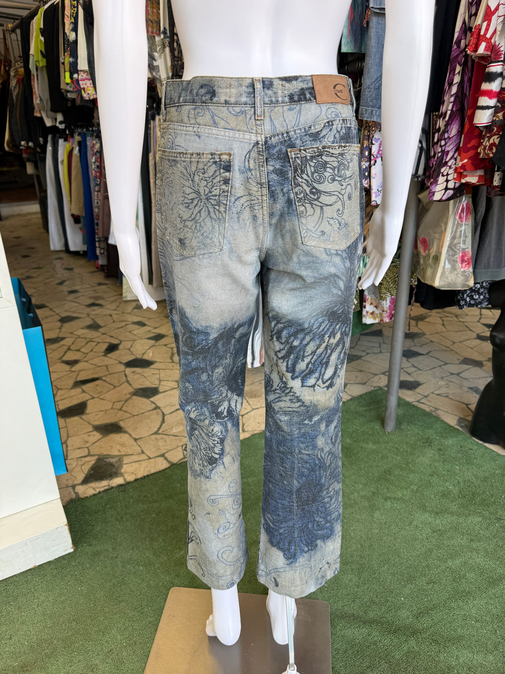 Jeans Roberto Cavalli  fiori blu sabbiati 00s