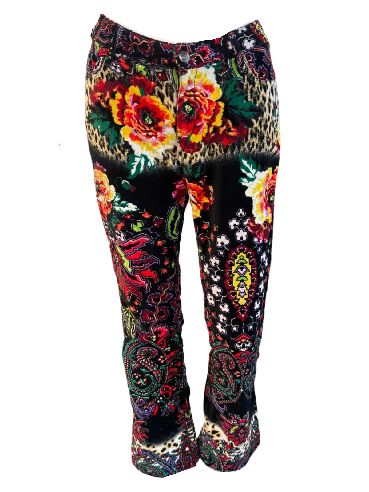 Pantalone velluto Roberto Cavalli fiori, animalier e astratto 00s