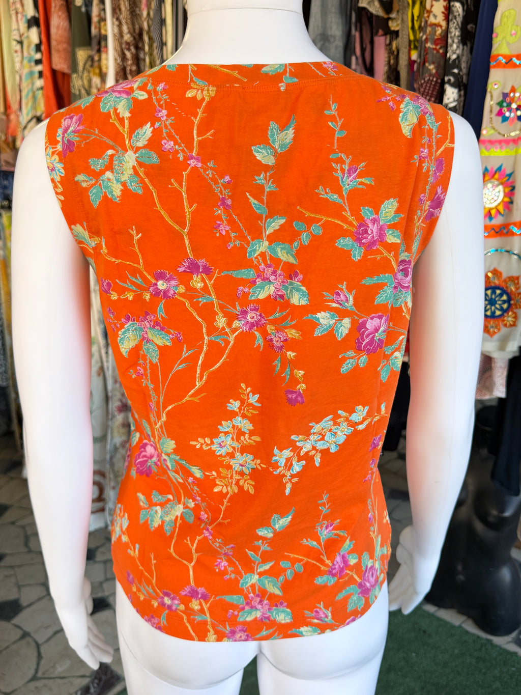 Top Roberto Cavalli fiori su arancio 90s