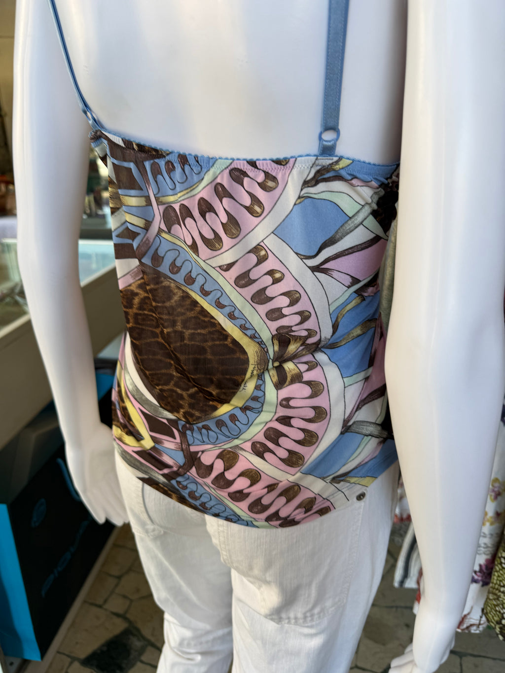 Top Roberto Cavalli SS2004 patchwork animalier azzurro
