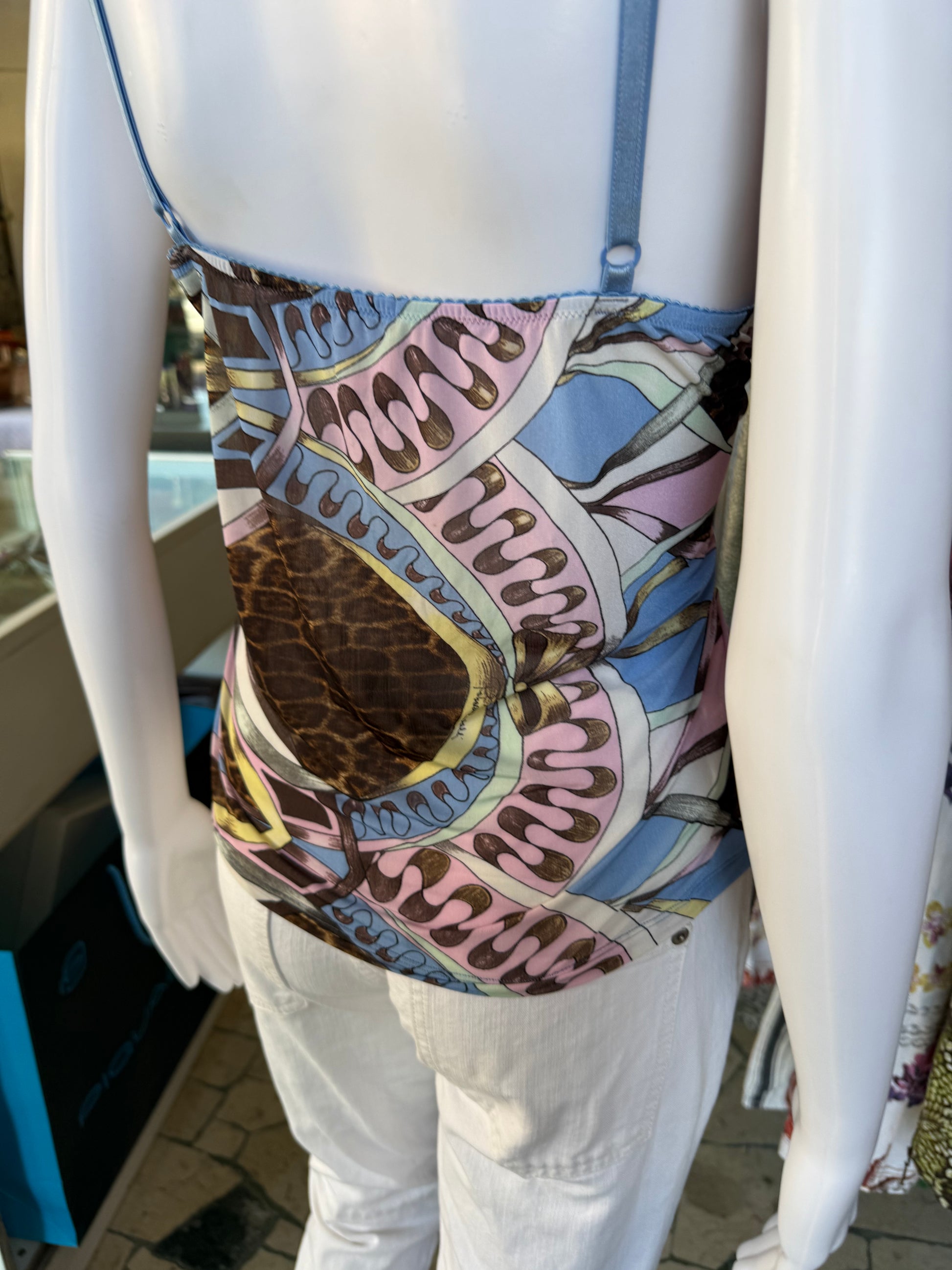 Top Roberto Cavalli SS2004 patchwork animalier azzurro