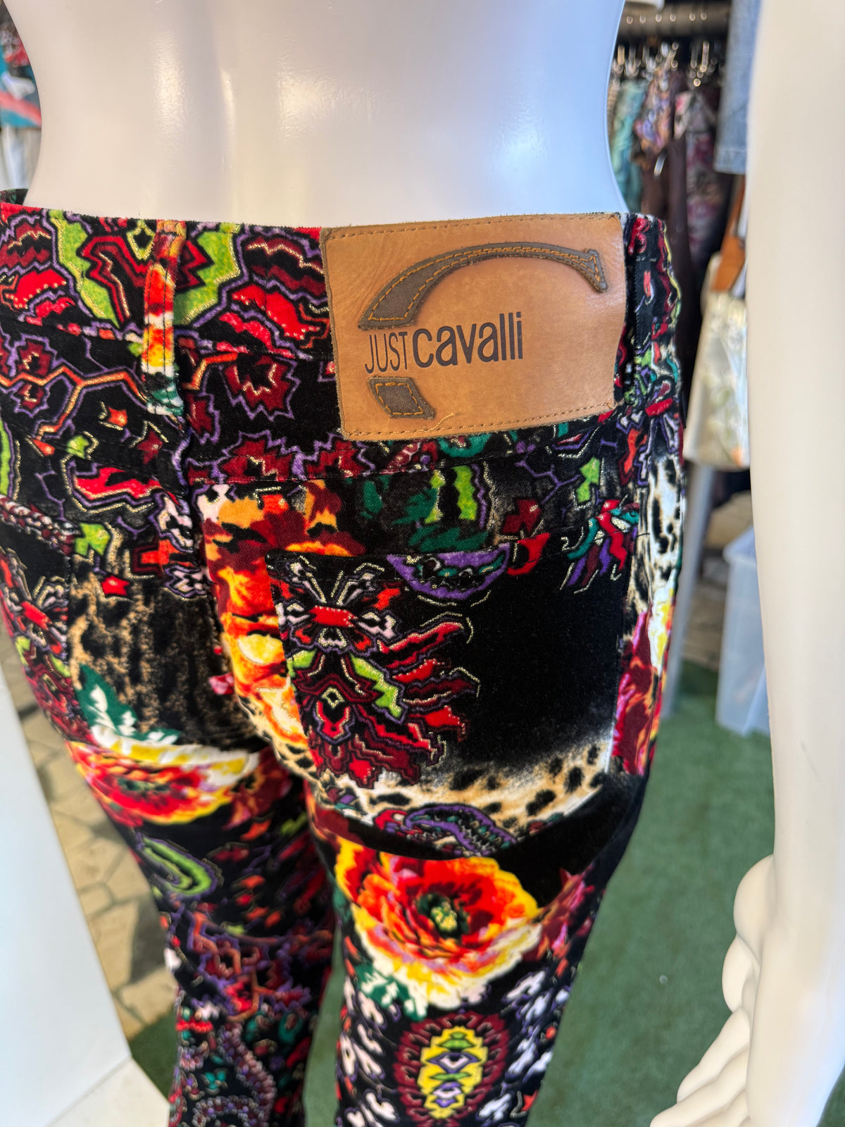 Pantalone velluto Roberto Cavalli fiori, animalier e astratto 00s