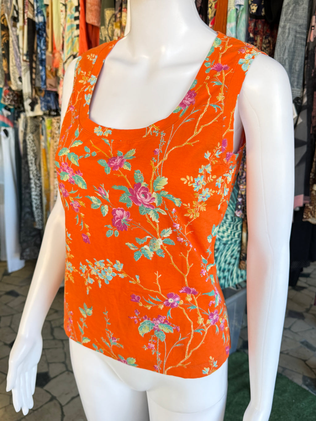 Top Roberto Cavalli fiori su arancio 90s