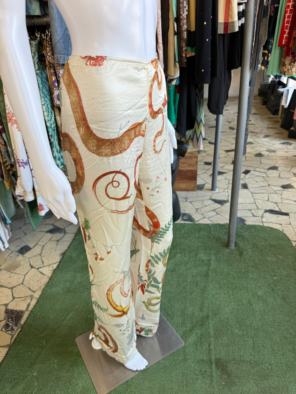Pantalone Roberto Cavalli seta serpenti e foresta 00s
