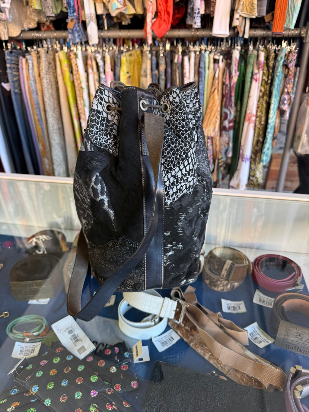 Borsa Roberto Cavalli a secchiello giaguaro e patchwork anni 80