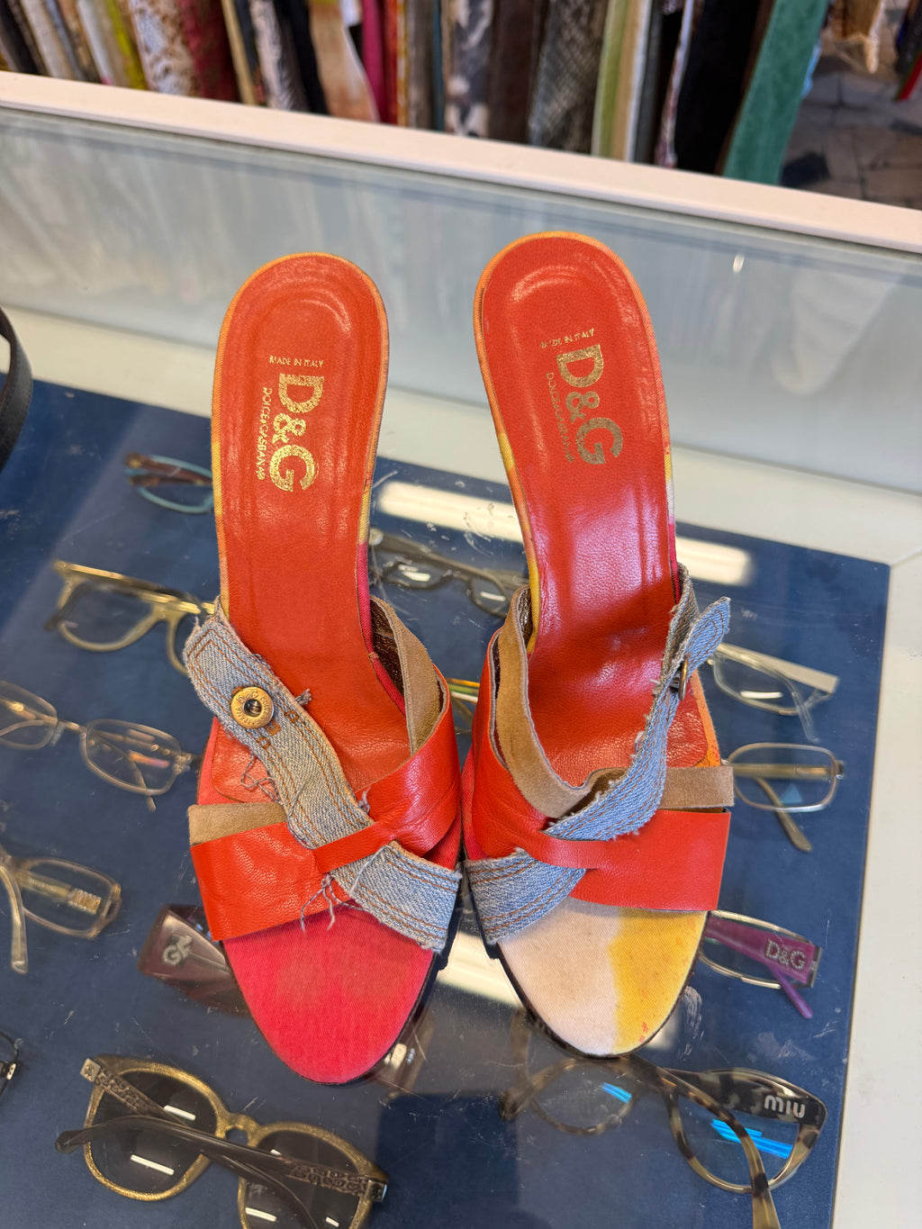 Sandali zeppa Dolce & Gabbana jeans patchwork e pelle 00s