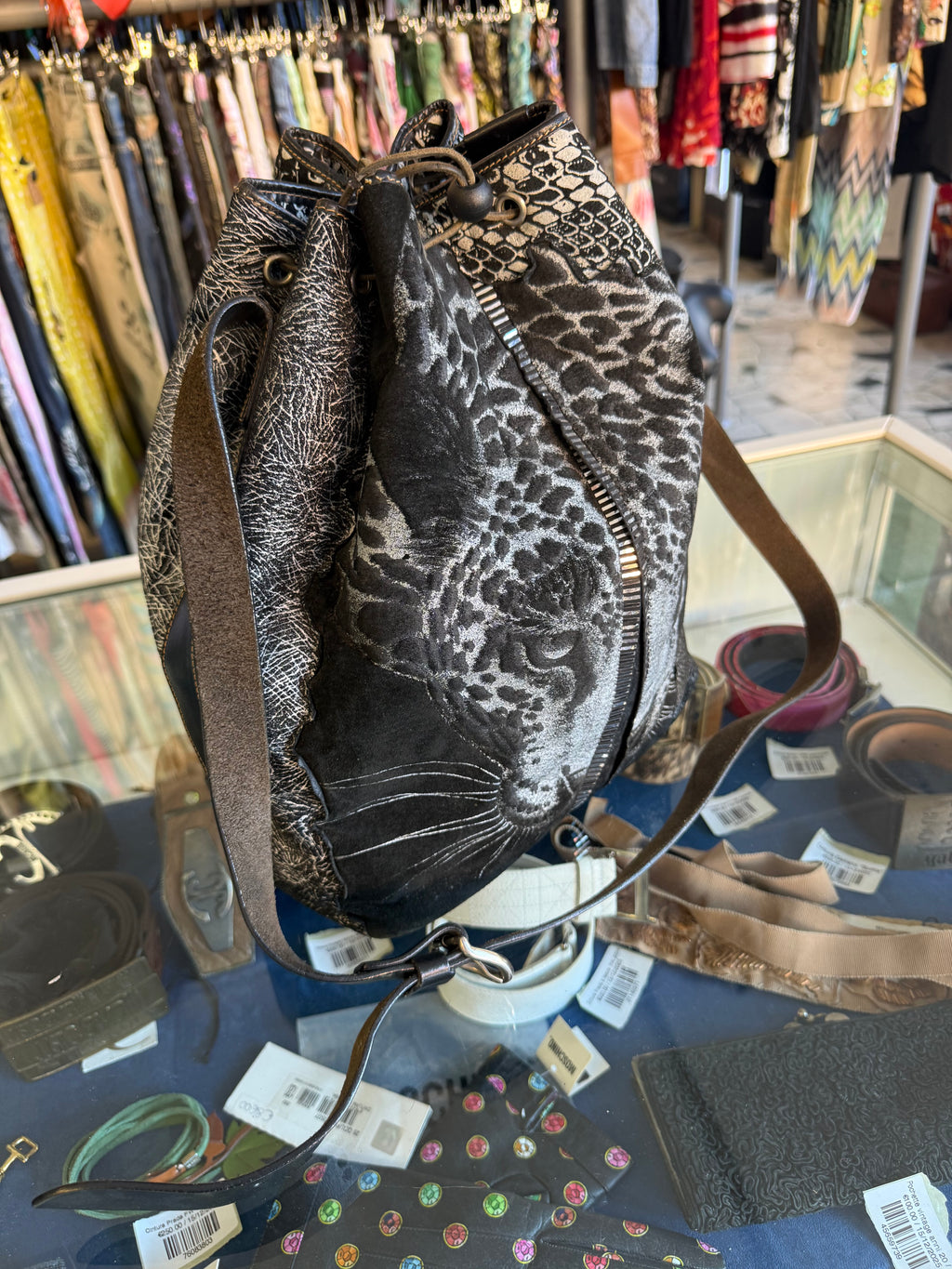 Borsa Roberto Cavalli a secchiello giaguaro e patchwork anni 80