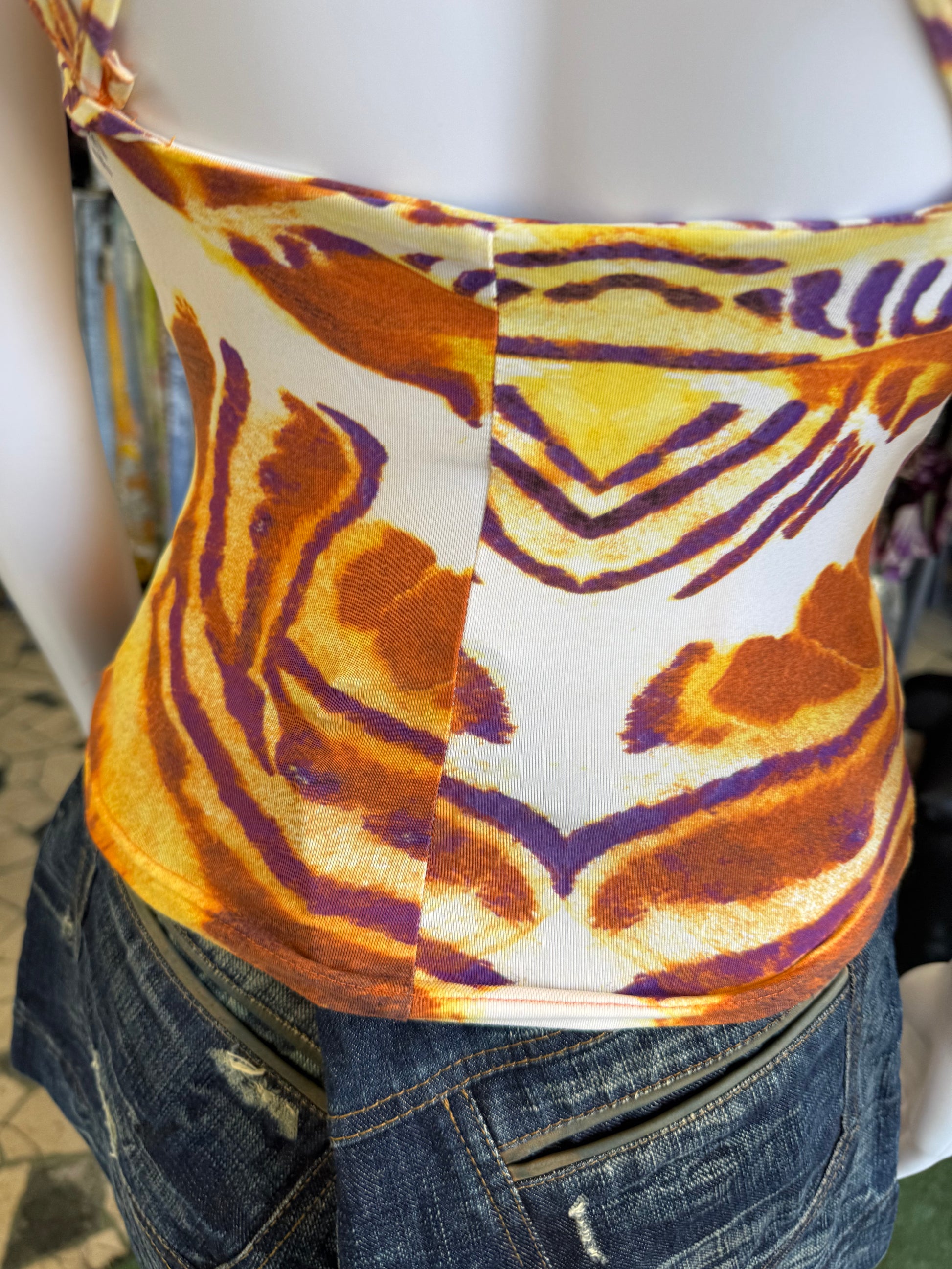 Top Roberto Cavalli tigre arancione con dettaglio corna 00s