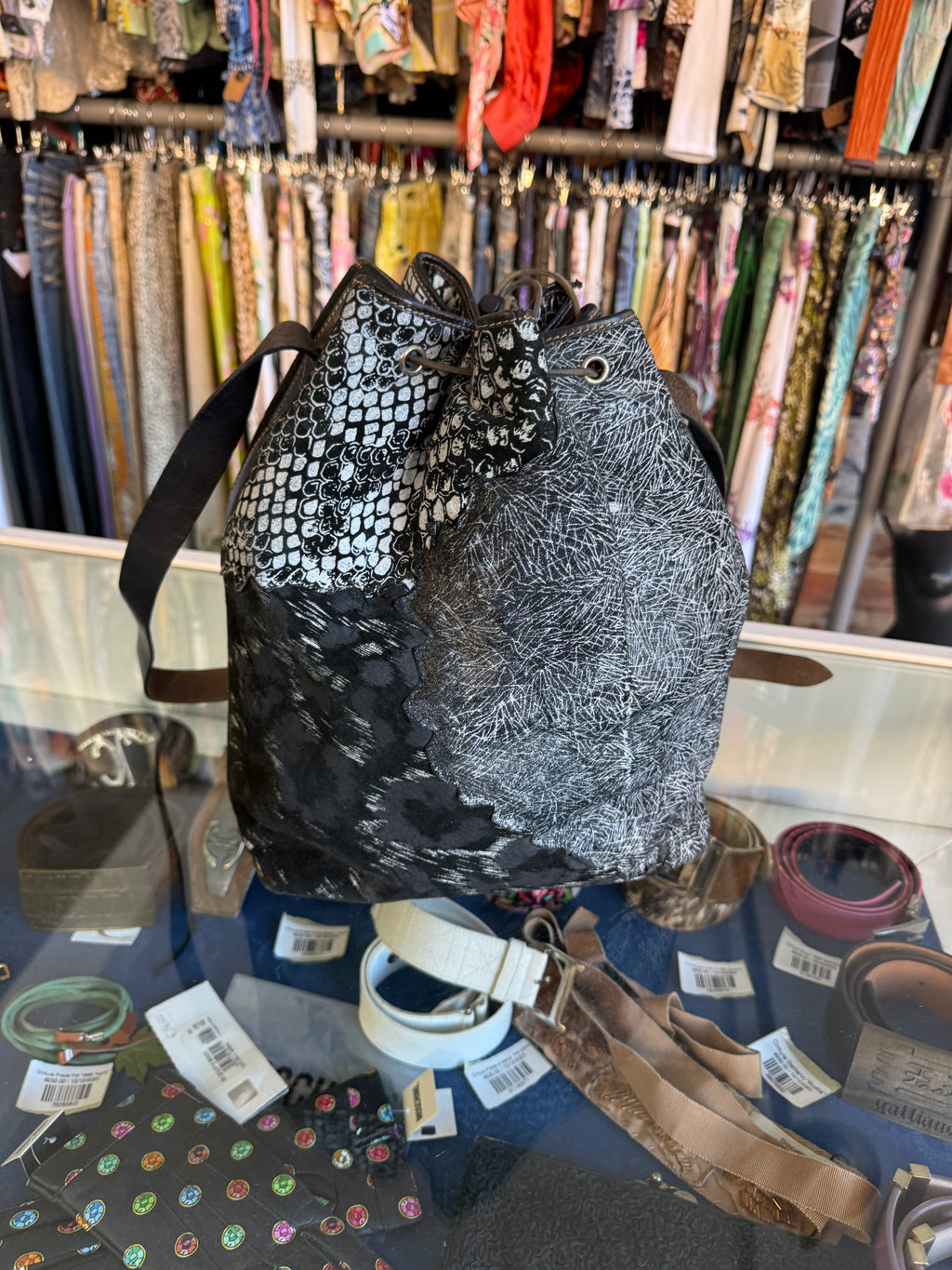 Borsa Roberto Cavalli a secchiello giaguaro e patchwork anni 80